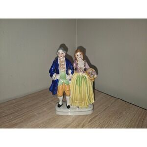 Vintage Occupied Japan Porcelain Colonial Couple Figurine Blue Yellow Glazed